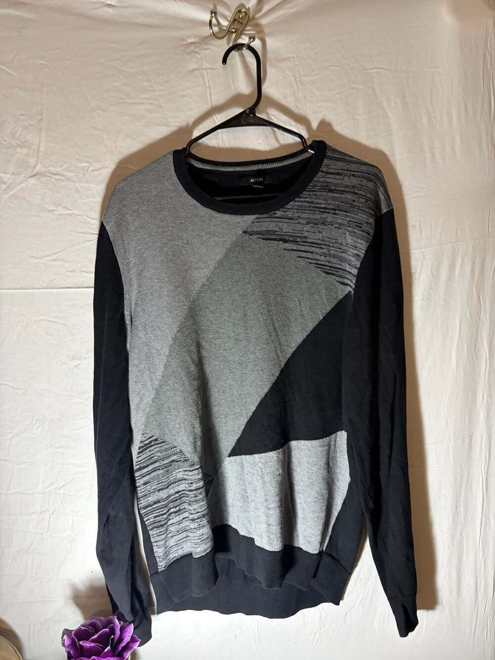 Alfani Men's Geometric Pattern Crew Neck 100% Cotton Sweater Black Gray Size Lar